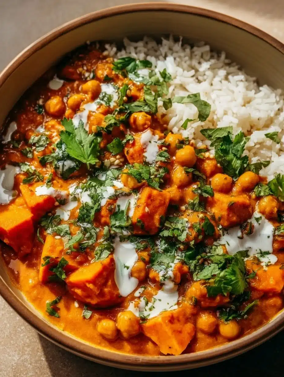 Bowl of sweet potato and chickpea curry garnished with herbs and served with rice
