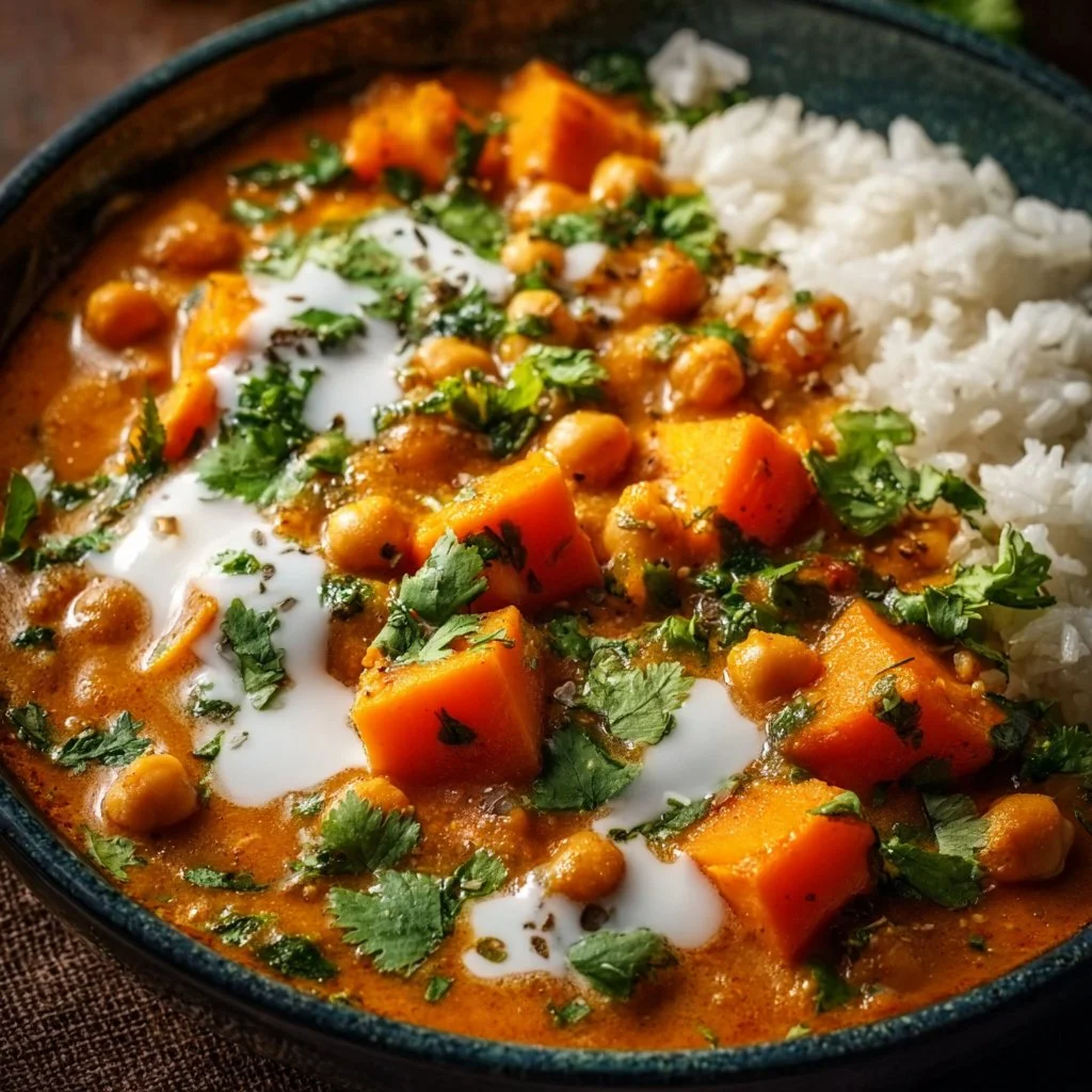 Delicious Sweet Potato and Chickpea Curry served in a bowl