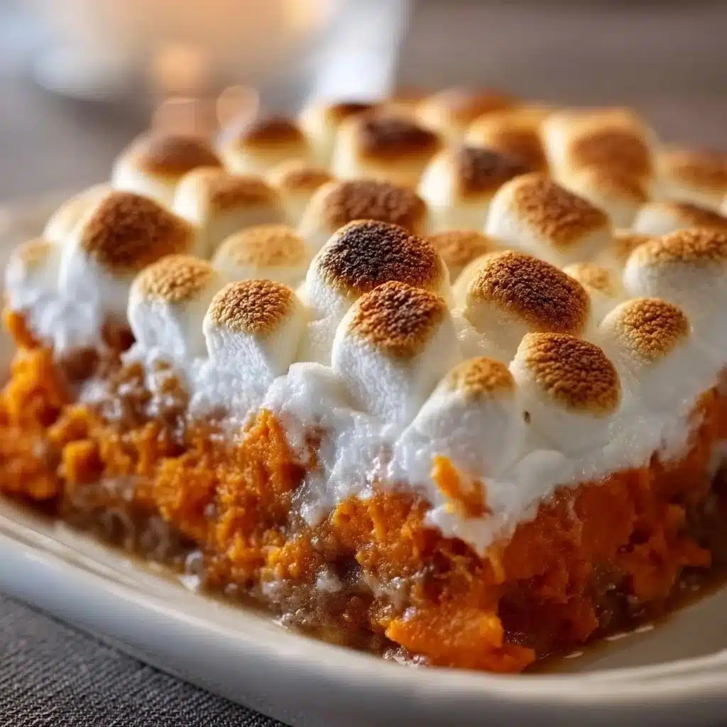 Delicious sweet potato casserole topped with fluffy marshmallows