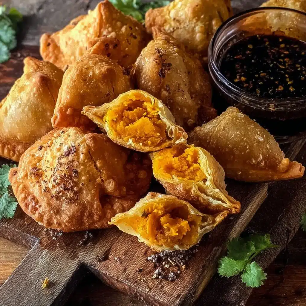 Delicious sweet potato samosas served with tamarind chutney