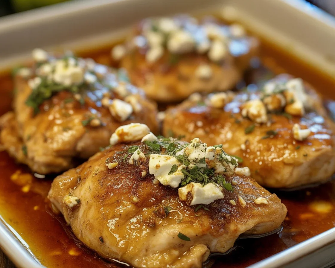 Hot Honey Feta Chicken garnished with crumbled feta and drizzled with spicy honey.