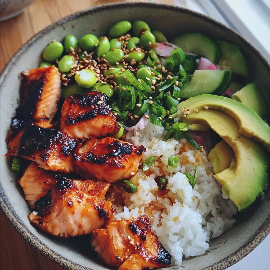 Delicious teriyaki salmon sushi bowl topped with fresh ingredients.