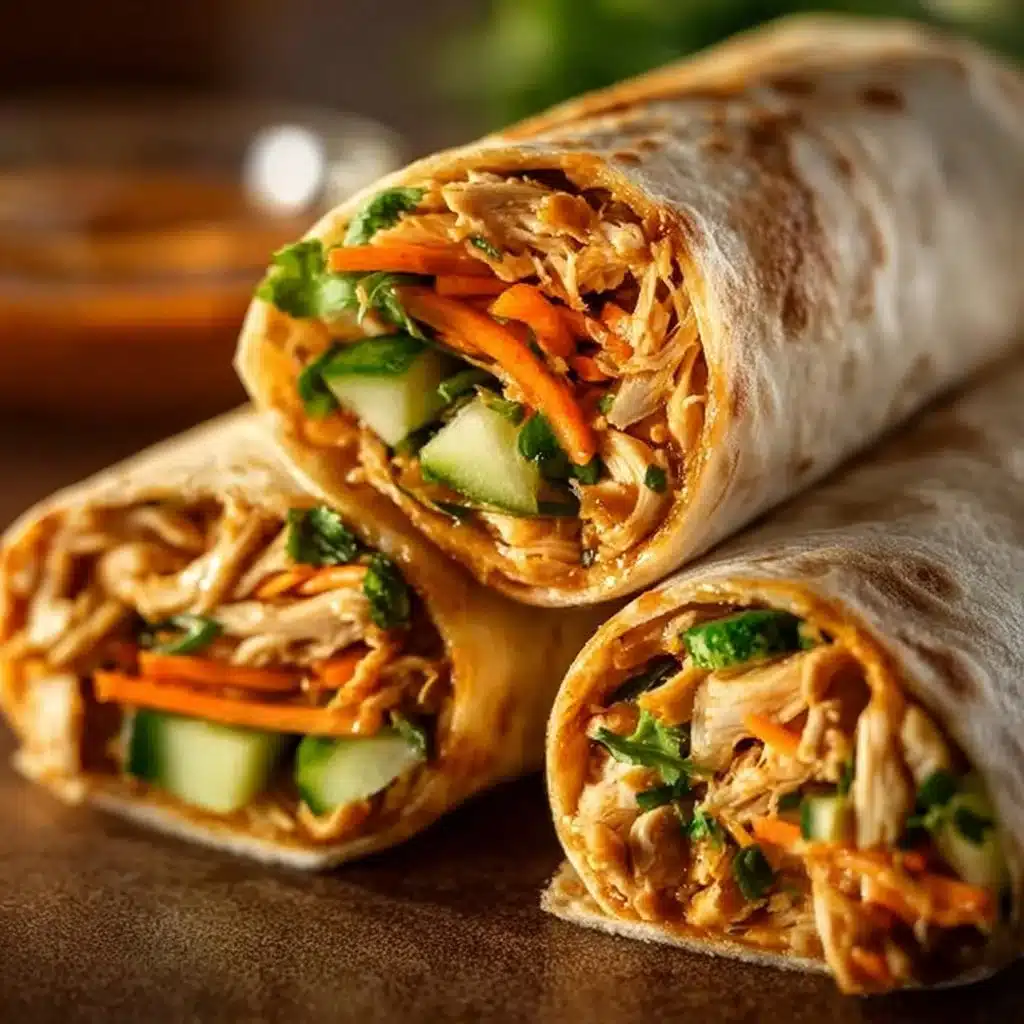Thai Peanut Chicken Wrap with fresh ingredients and tasty peanut sauce