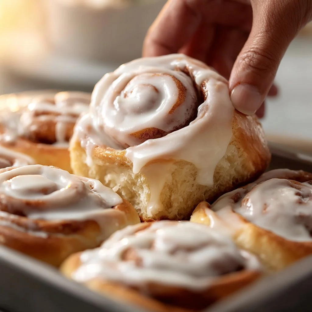 Freshly baked homemade cinnamon rolls with icing on a plate