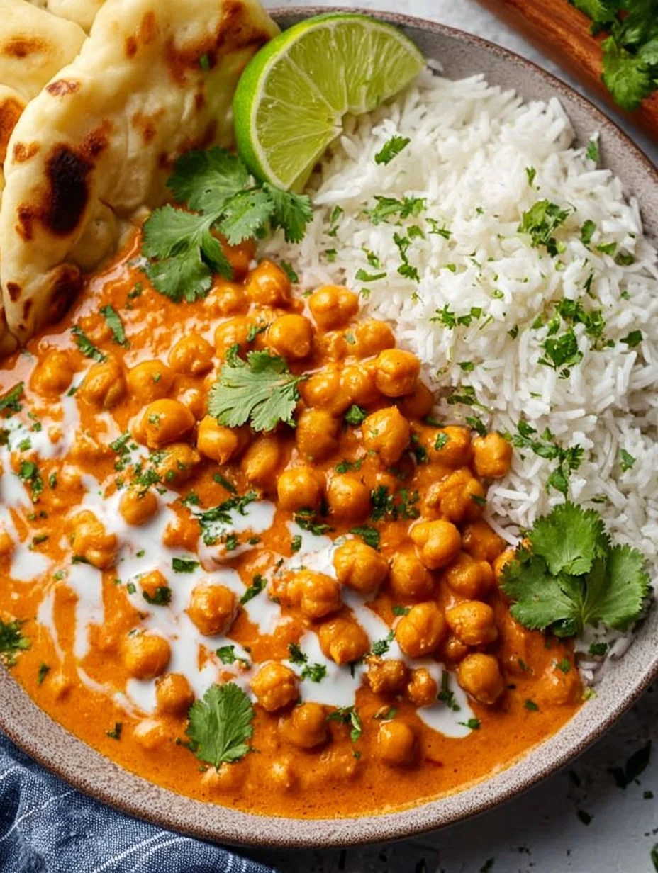 Delicious Vegan Butter Chickpeas served in a bowl with herbs