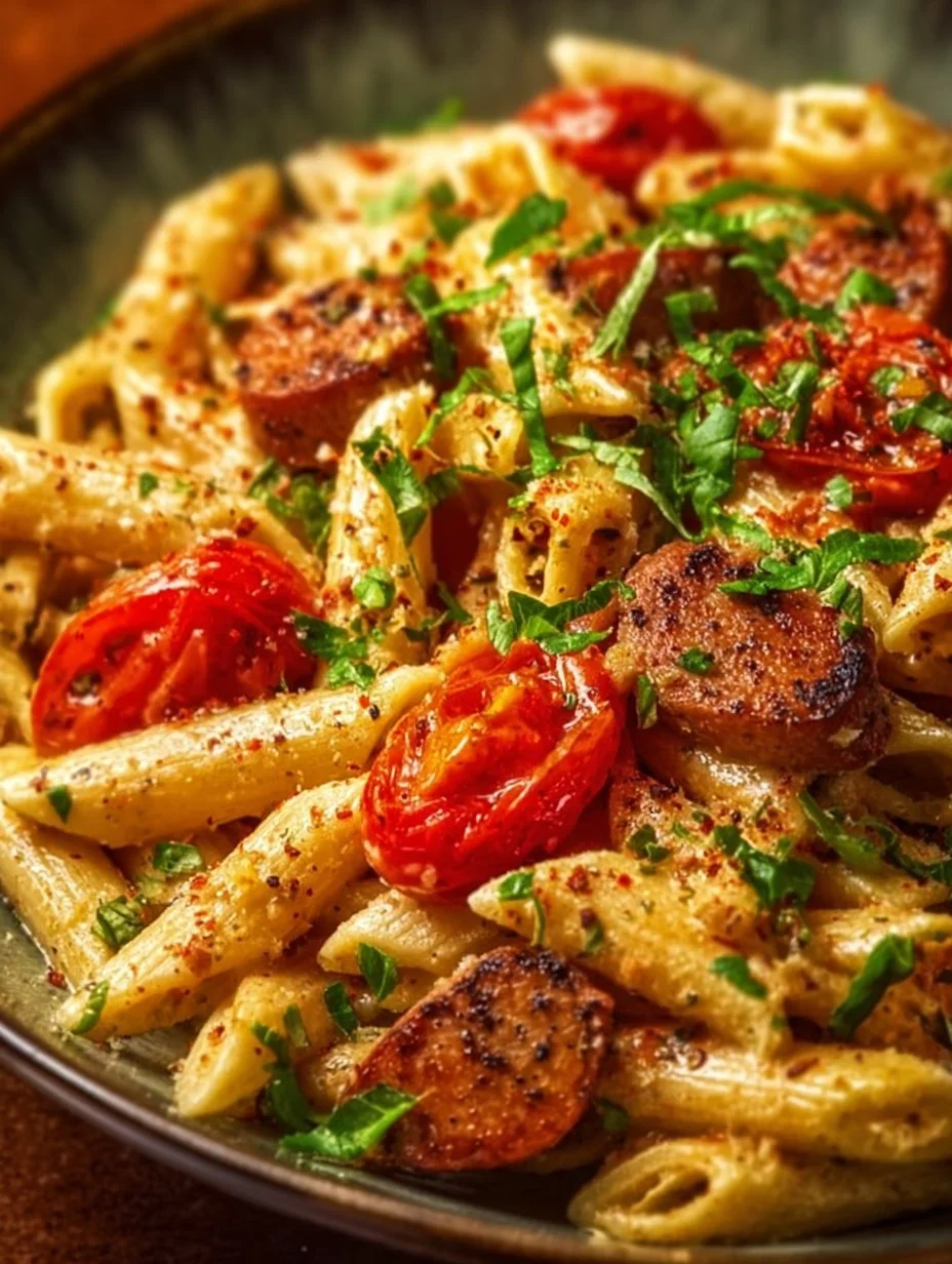 Bowl of Vegan Cajun Pasta with colorful vegetables and spices
