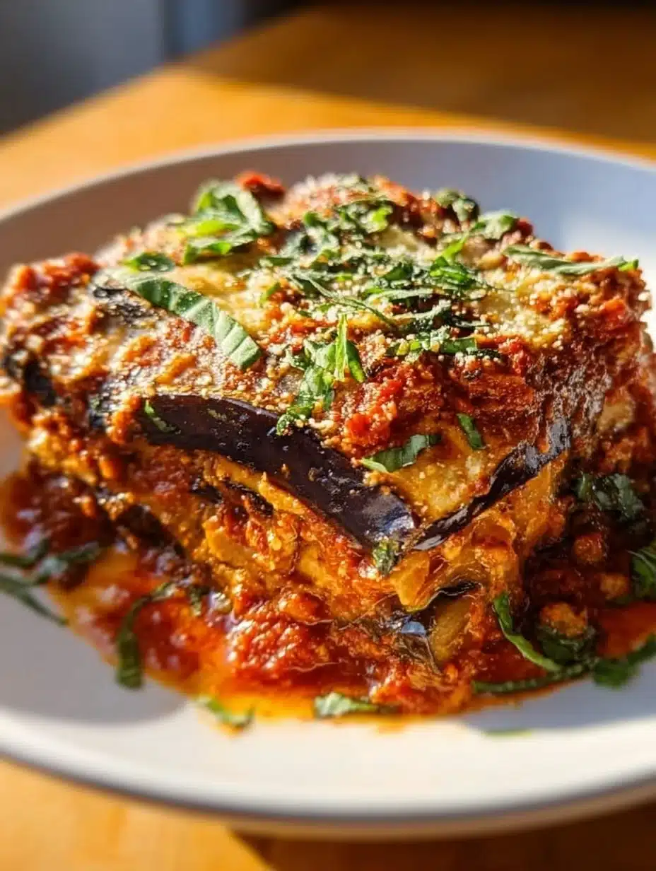 Delicious Vegan Eggplant Lasagna served with fresh basil.