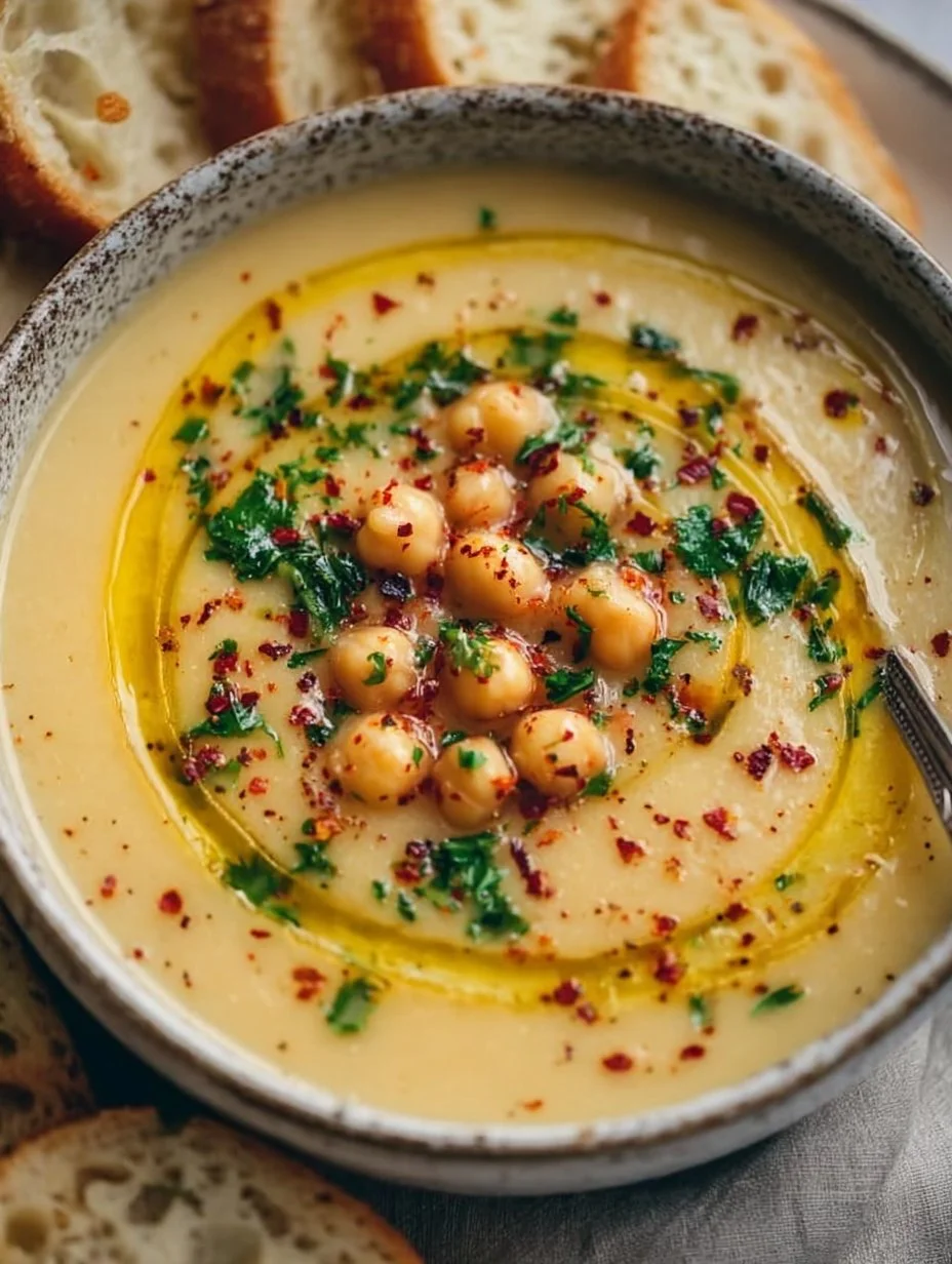 Bowl of vegan garlic chickpea soup garnished with herbs