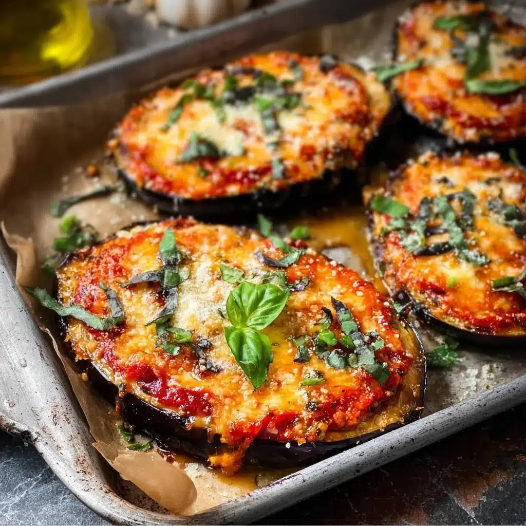Vegan stuffed eggplant parmesan topped with fresh herbs and cheese.
