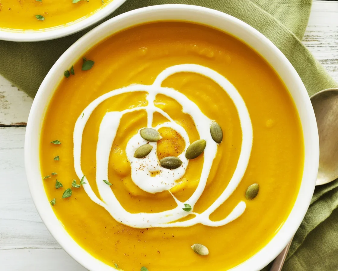 Creamy curry butternut squash soup with coconut milk and spices, perfect for fall.