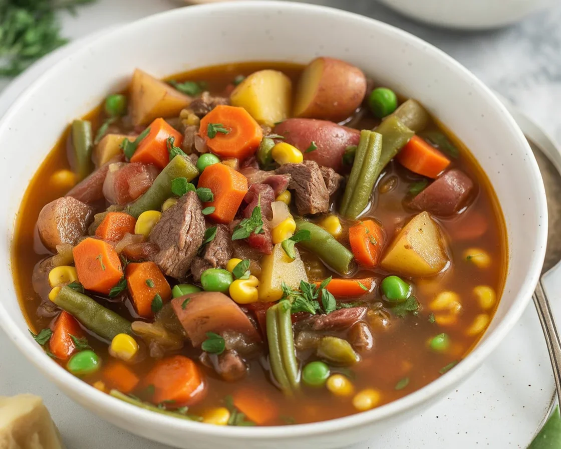 Bowl of hearty vegetable beef soup with tender chunks of beef, potatoes, and fresh vegetables.