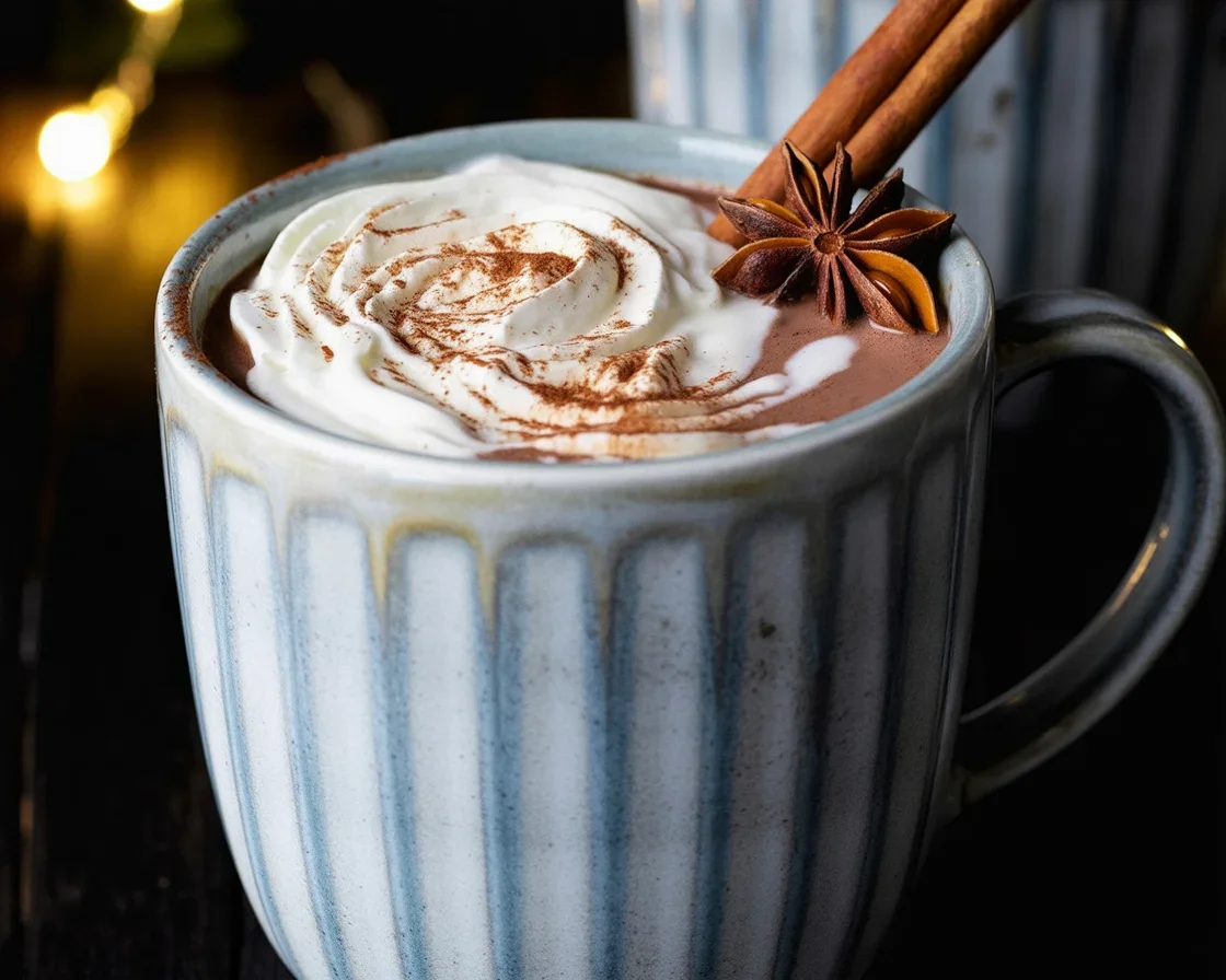 A cup of spiced hot cocoa topped with whipped cream and chocolate shavings.