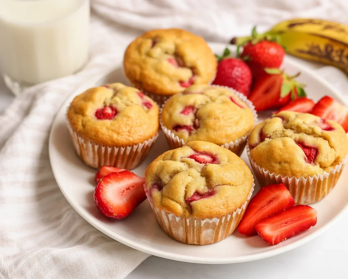 Healthy strawberry banana muffins fresh out of the oven, perfect for a nutritious snack.