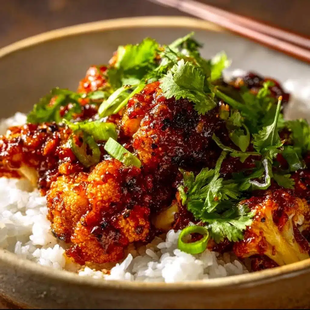 Air-fried Korean chili cauliflower bites served in a bowl with garnish.