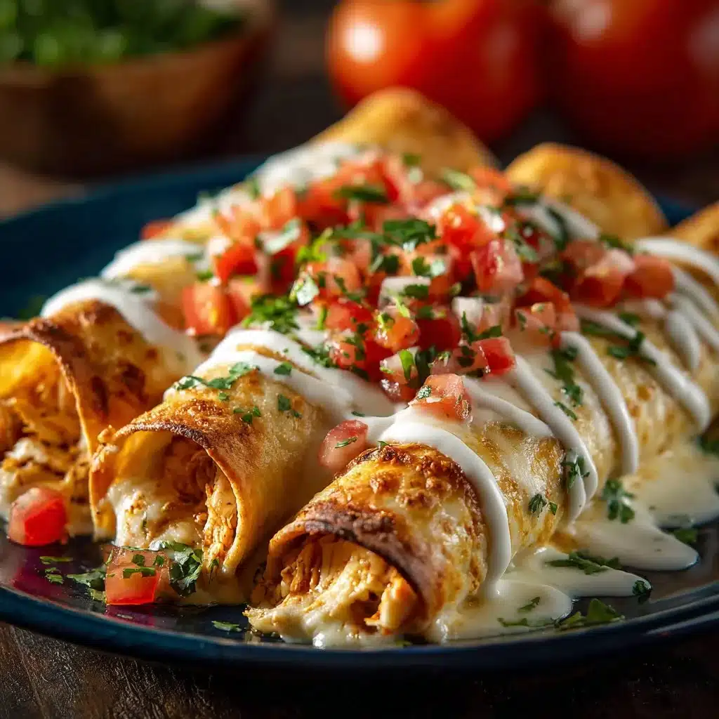 Baked cream cheese chicken taquitos on a plate, garnished with sauce and herbs.