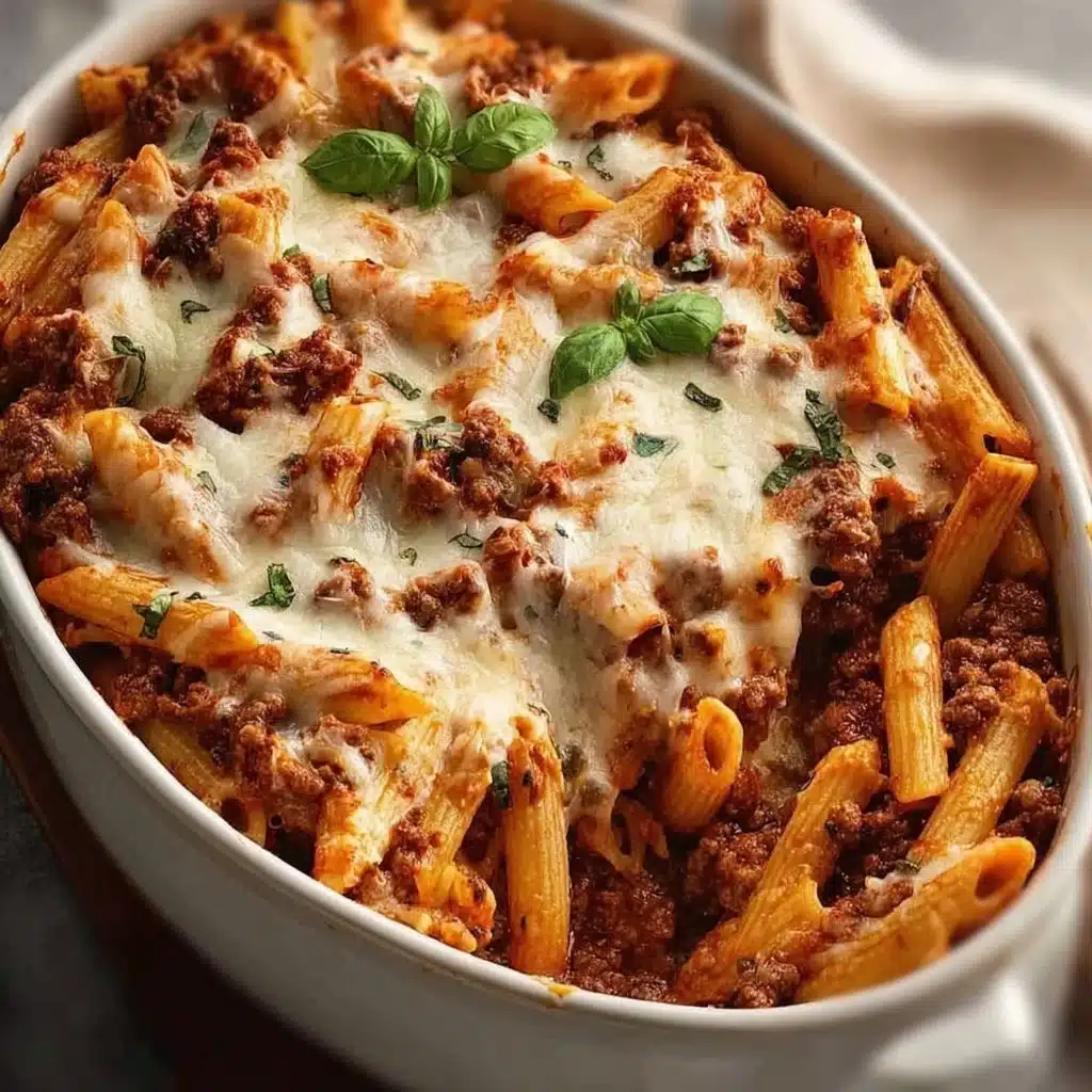 Baked ziti with ground beef served in a dish, topped with melted cheese.