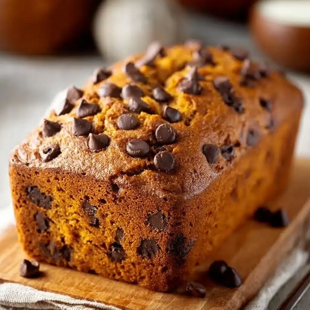 Slice of delicious banana chocolate chip pumpkin bread on a wooden table