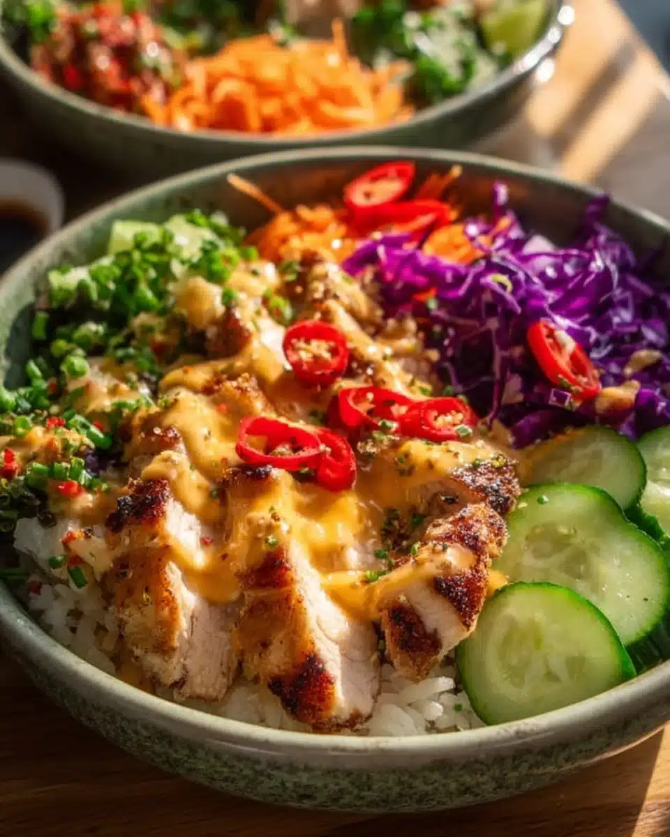Delicious Bang Bang Chicken Bowl with crispy chicken, veggies, and spicy sauce.