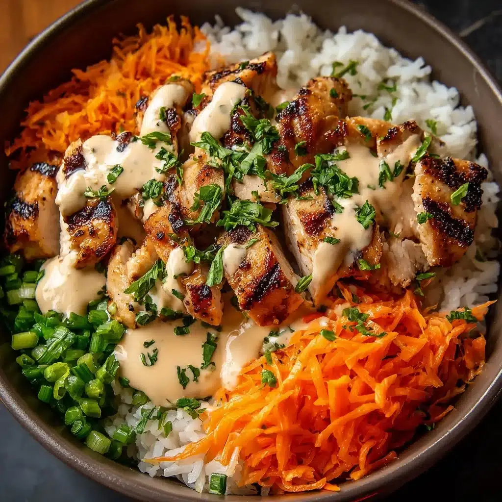 Delicious Bang Bang Chicken Bowl with spicy chicken, veggies, and creamy sauce