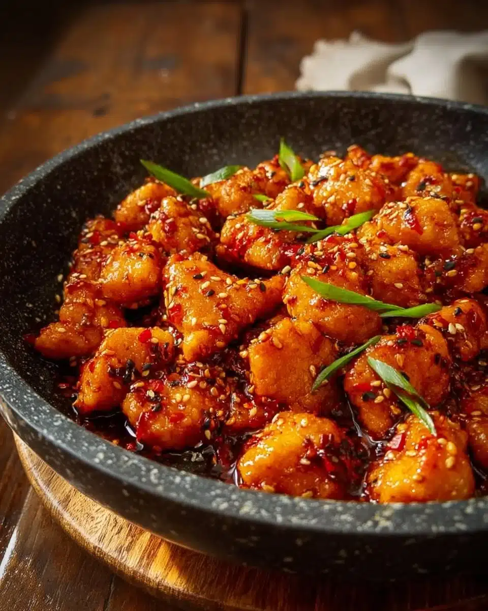 Buldak - Spicy Korean Fire Chicken dish garnished with vegetables