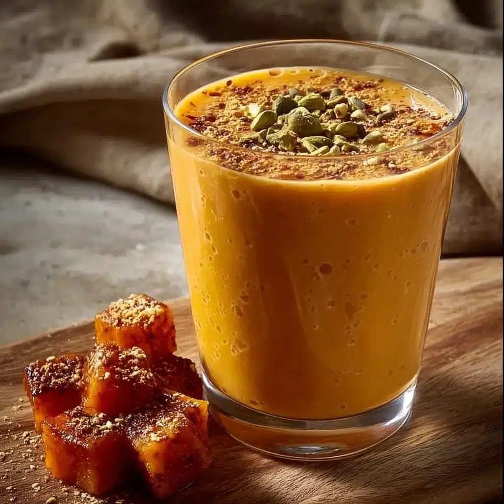 Delicious butternut squash lassi served in a glass with spices