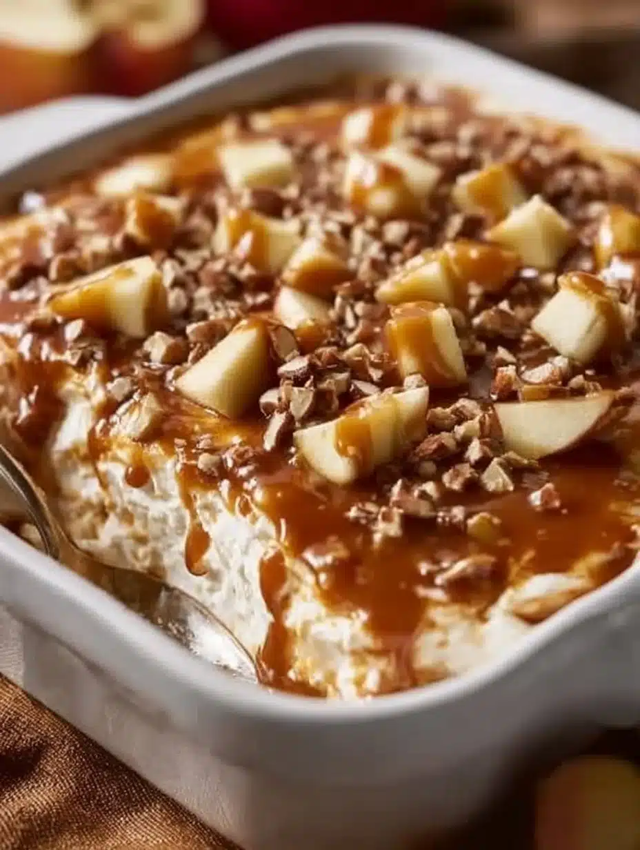 Caramel Apple Cheesecake Dip served with apple slices and graham crackers