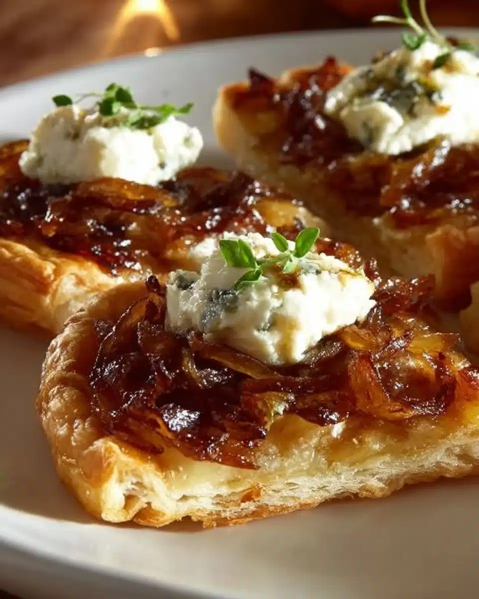 Delicious caramelized onion and goat cheese tarts ready to serve.