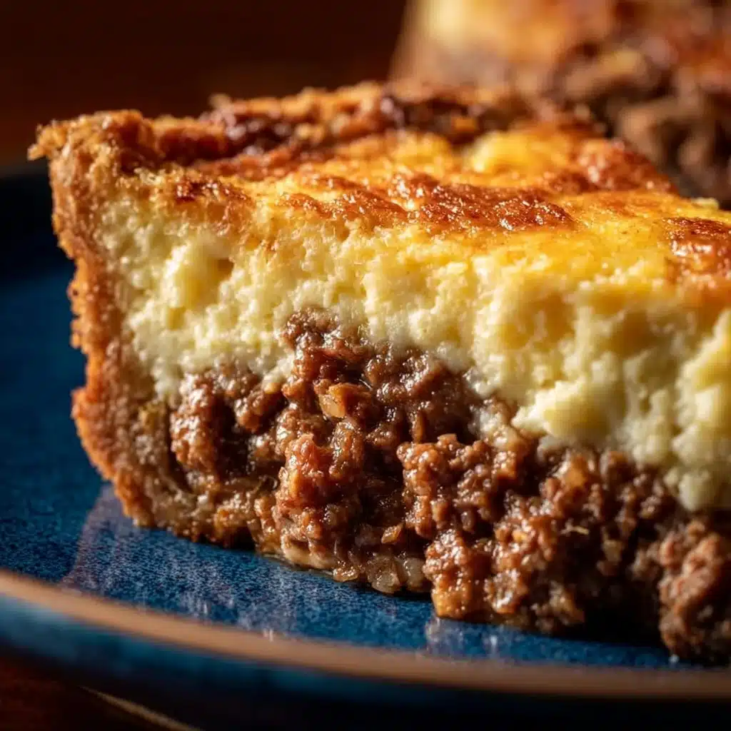Cheesy beef pie with golden crust and melted cheese topping