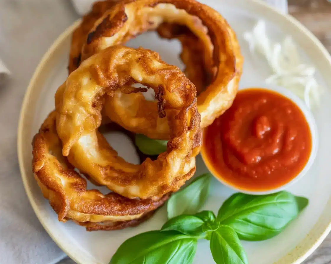 Crispy Cheesy Mozzarella Onion Rings served with marinara sauce