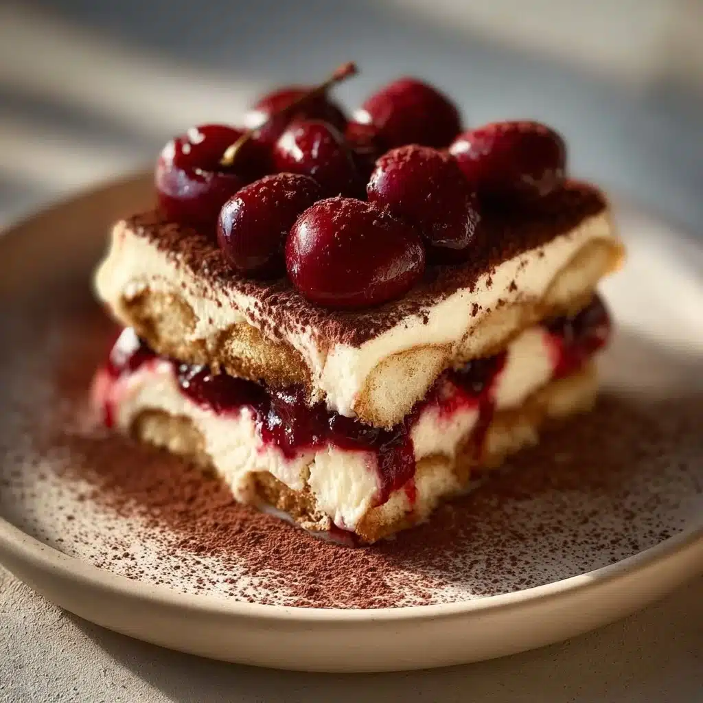 Delicious Cherry Amaretto Tiramisu dessert with cherries and cream layers.