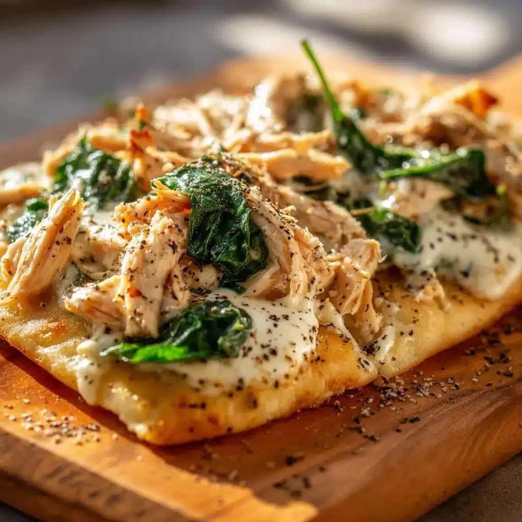 Delicious Chicken Alfredo Flatbread topped with creamy Alfredo sauce and grilled chicken.