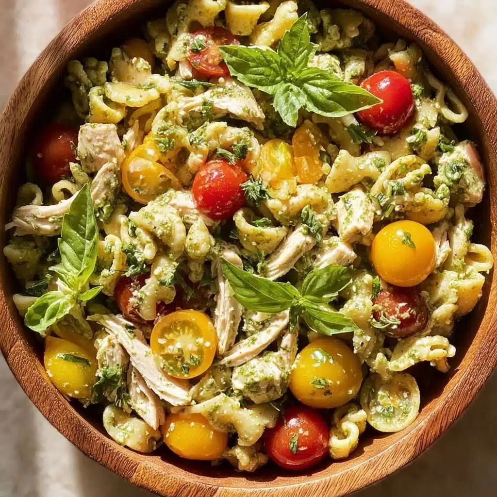 Delicious Chicken Pesto Pasta Salad with chicken, vegetables, and pesto dressing.