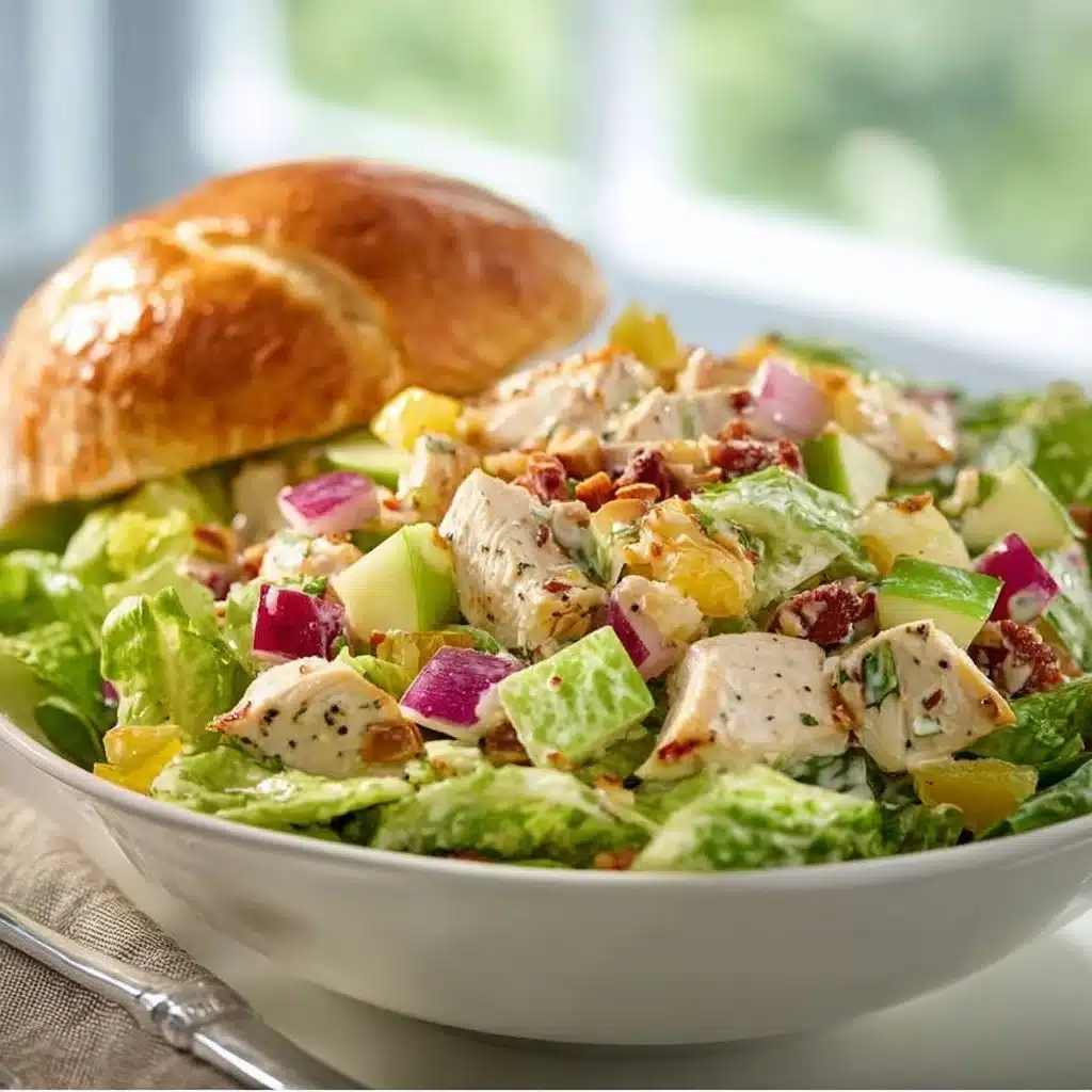 Delicious homemade chicken salad served in a bowl with fresh vegetables