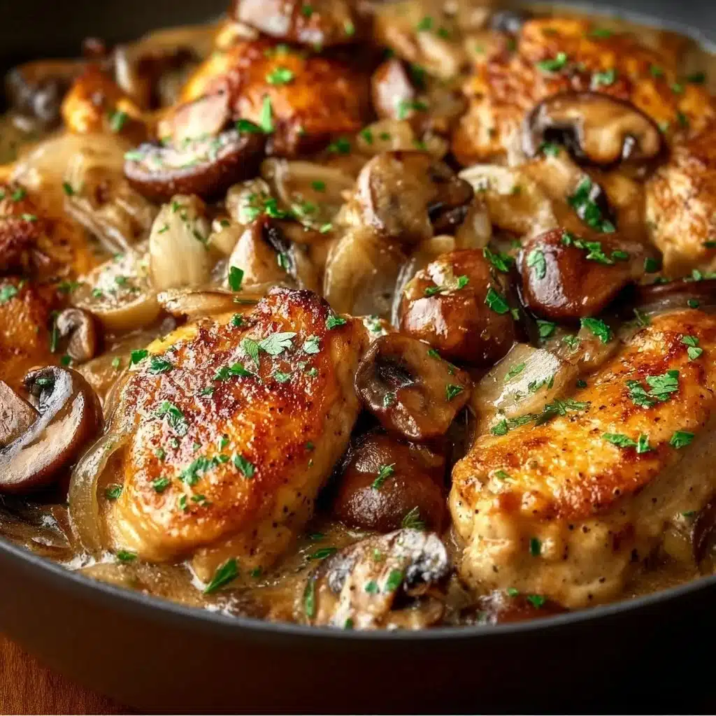 Delicious Chicken Stroganoff served with noodles and garnished with parsley