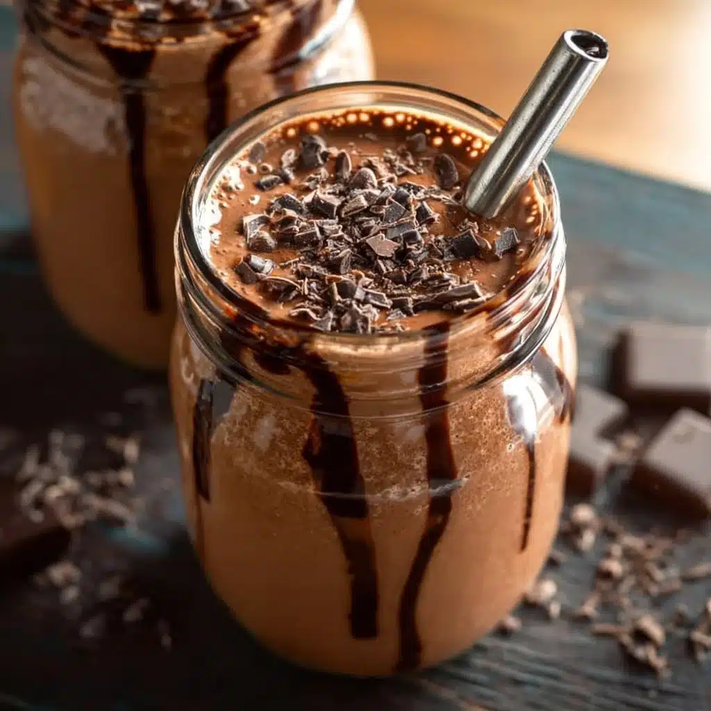 Delicious chocolate protein shake in a glass with chocolate chunks