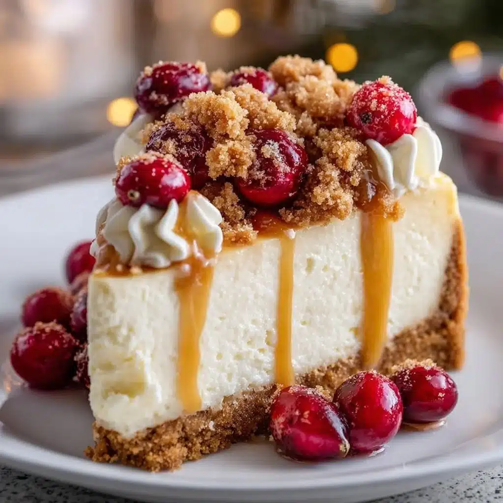 Christmas sugar cookie cheesecake topped with festive decorations and cookie pieces