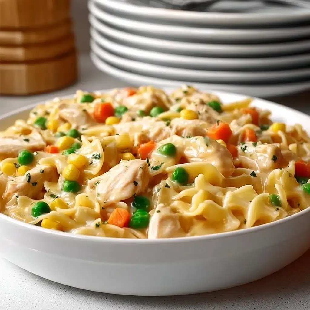 Delicious classic chicken pot pie pasta topped with herbs and served in a bowl
