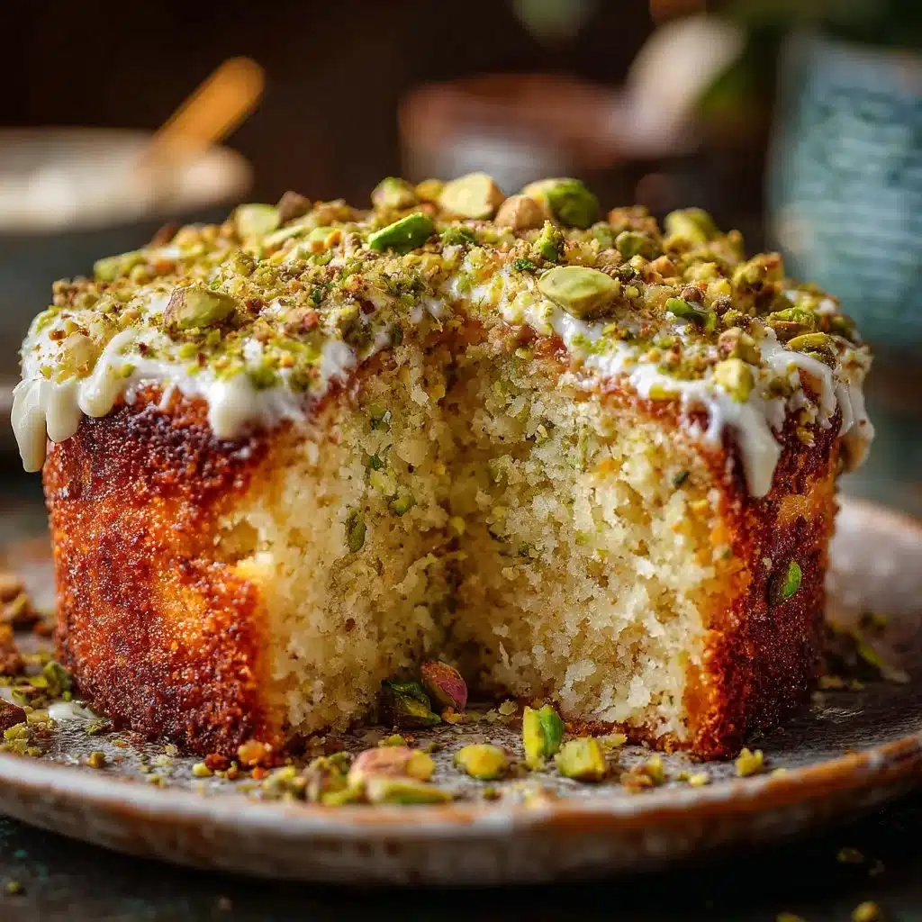 Slice of Coconut Pistachio Pudding Cake topped with fresh coconut and pistachios