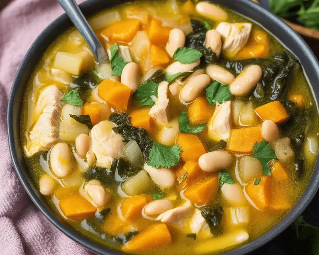 A hearty bowl of chicken and white bean soup garnished with fresh herbs and lemon.
