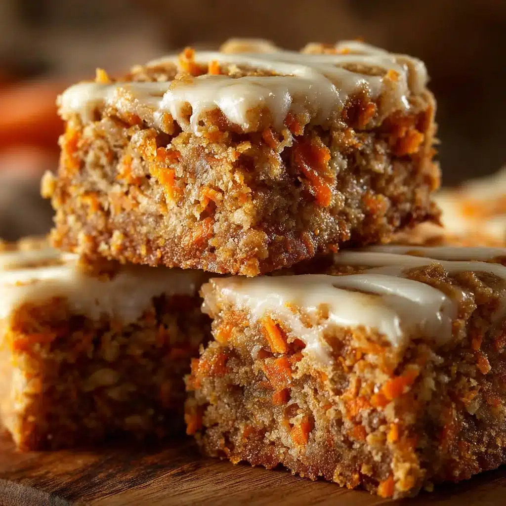 Delicious cottage cheese carrot cake bars on a wooden table with carrots and cream cheese frosting.