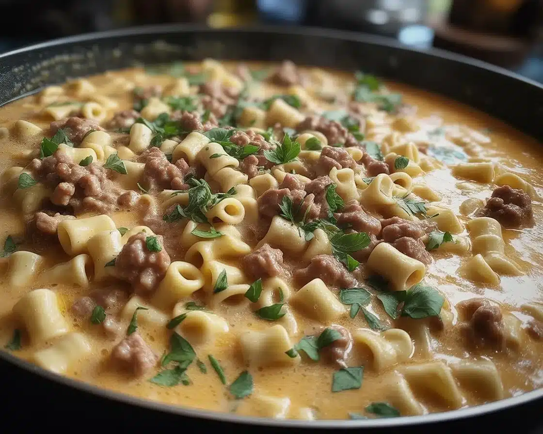 Bowl of Creamy Parmesan Italian Sausage Ditalini Soup garnished with parsley.