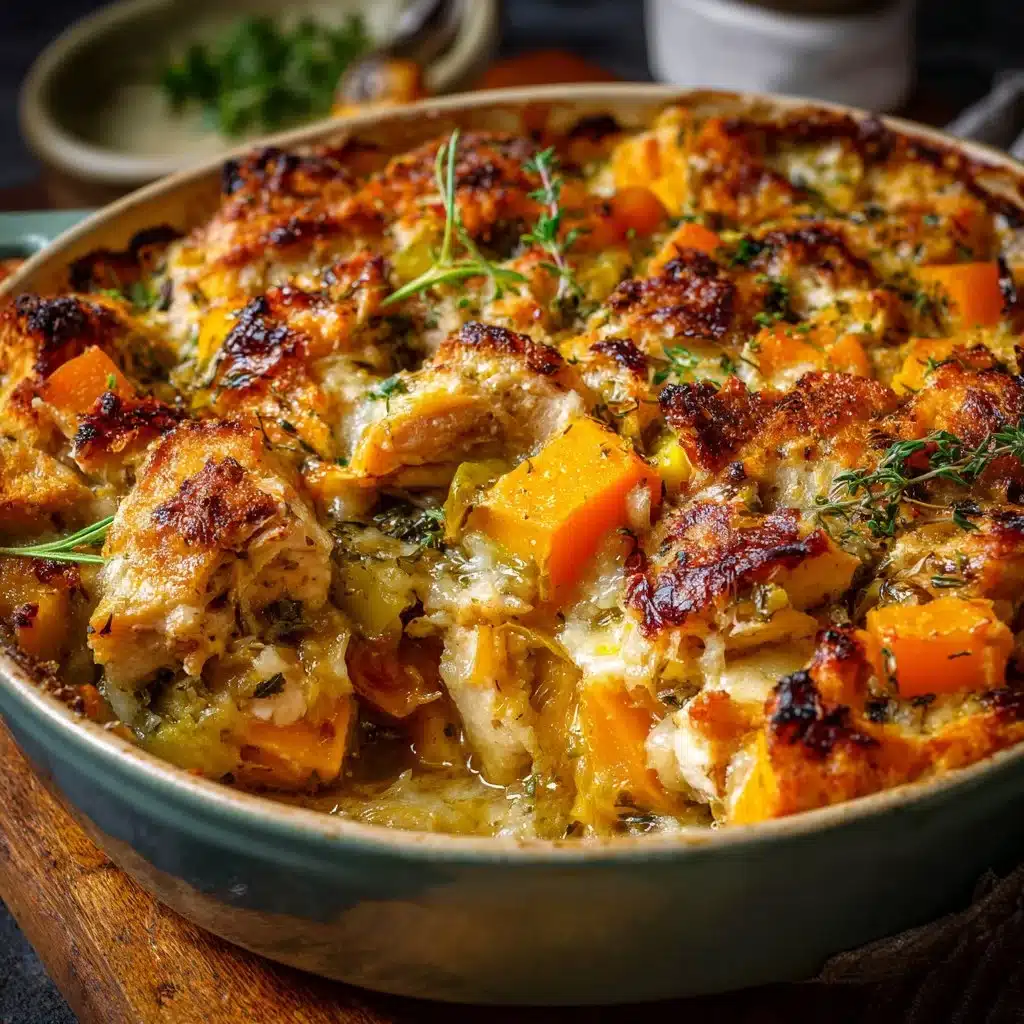 Creamy chicken bake with leeks and butternut squash in a casserole dish