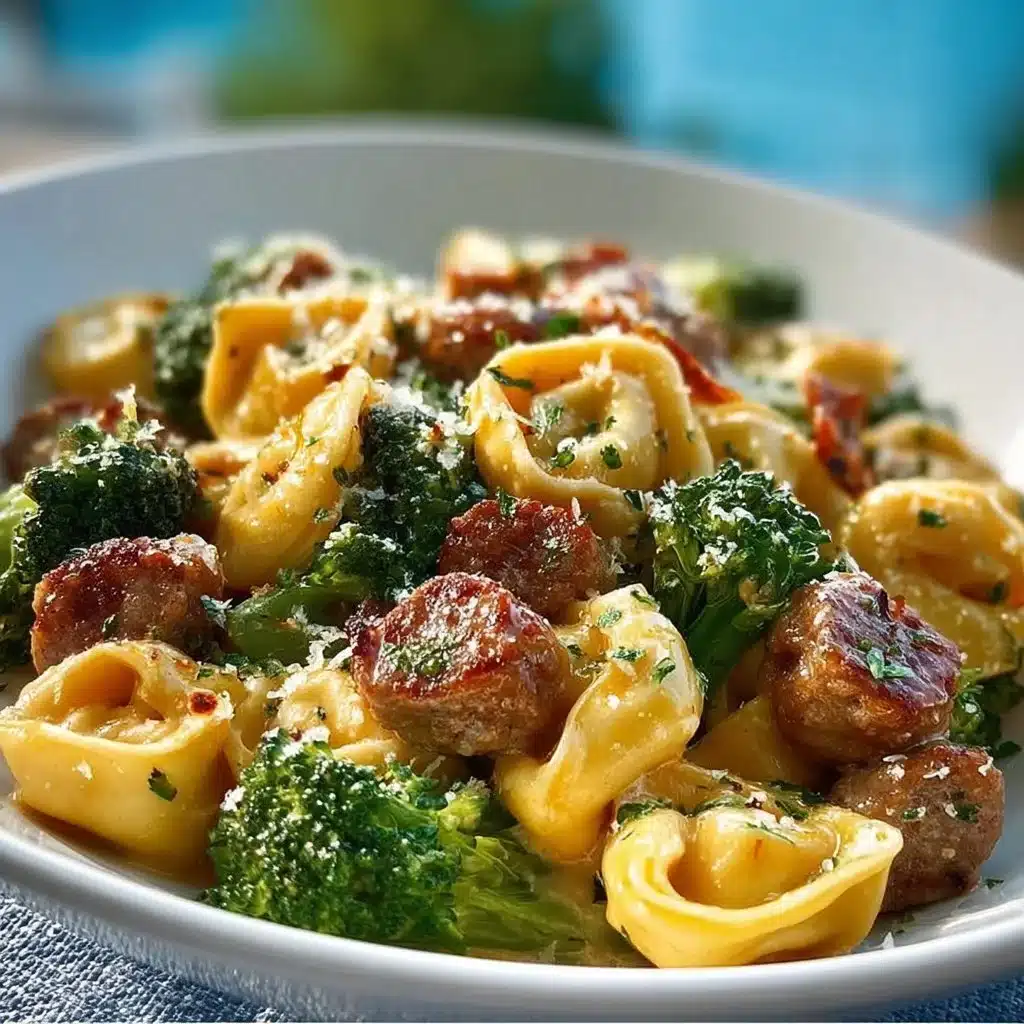 Bowl of creamy garlic parmesan tortellini topped with fresh parsley.