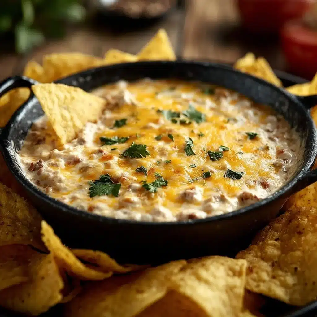 Creamy hot ranch sausage dip served in a bowl with chips for dipping.