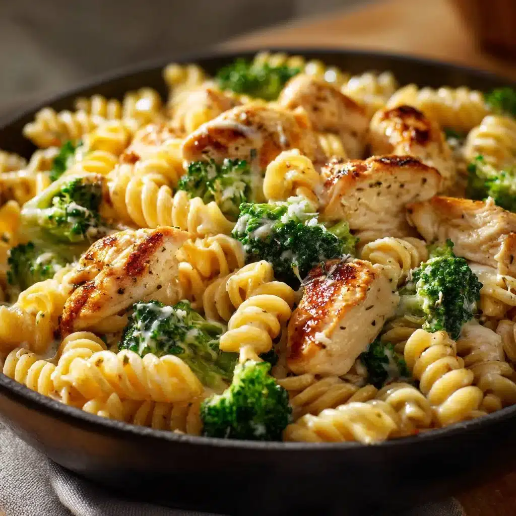 Creamy rotisserie chicken pasta with broccoli in a bowl