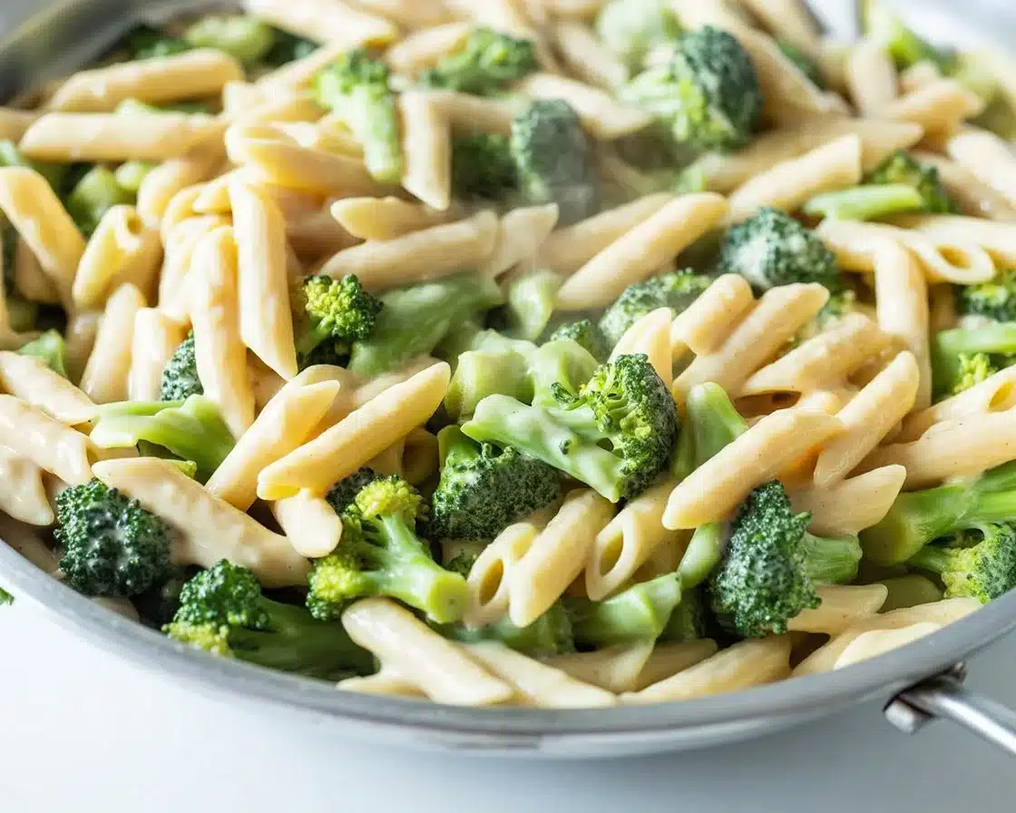 Creamy Steak and Baby Broccoli Alfredo Spaghetti served in a bowl with herbs.