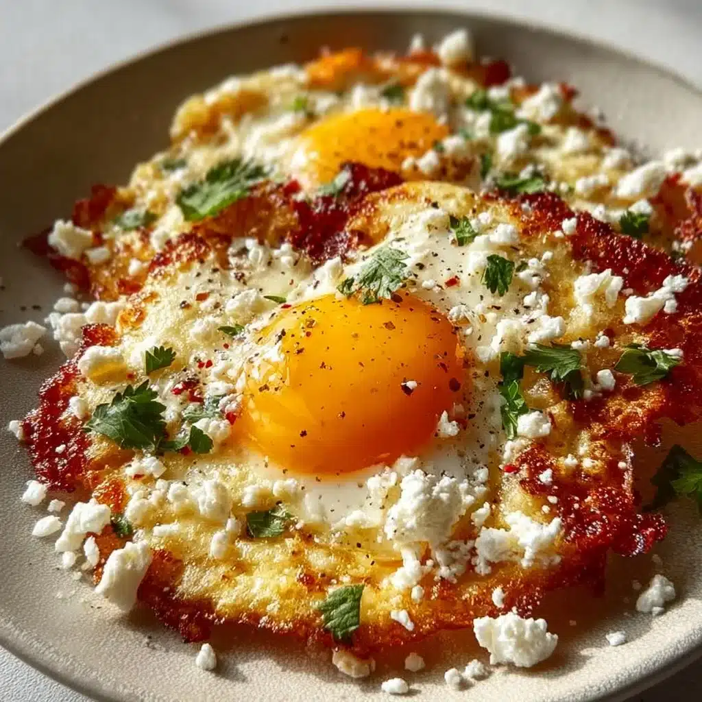 A plate of crispy feta fried eggs garnished with herbs