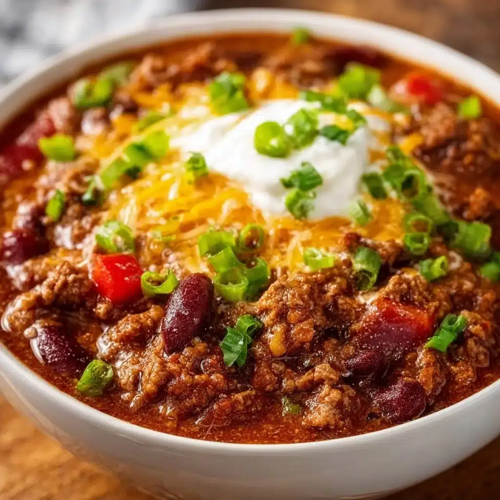 Bowl of Crockpot Chili with Ground Beef topped with cheese and cilantro