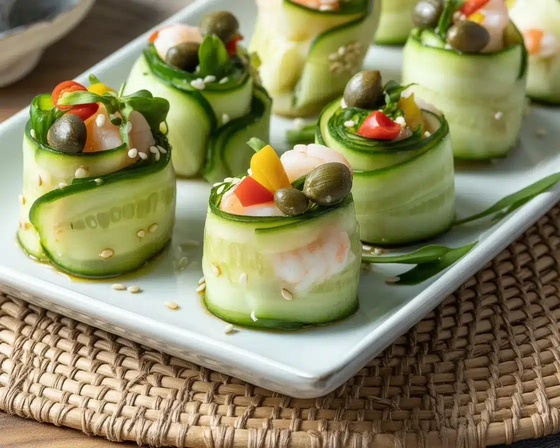 Keto cucumber sushi rolls with avocado and shrimp on a plate.
