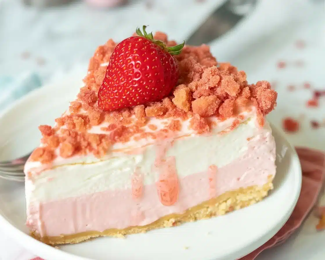 Delicious Strawberry Crunch Cheesecake Bites served on a plate, showcasing creamy layers and a crunchy topping.